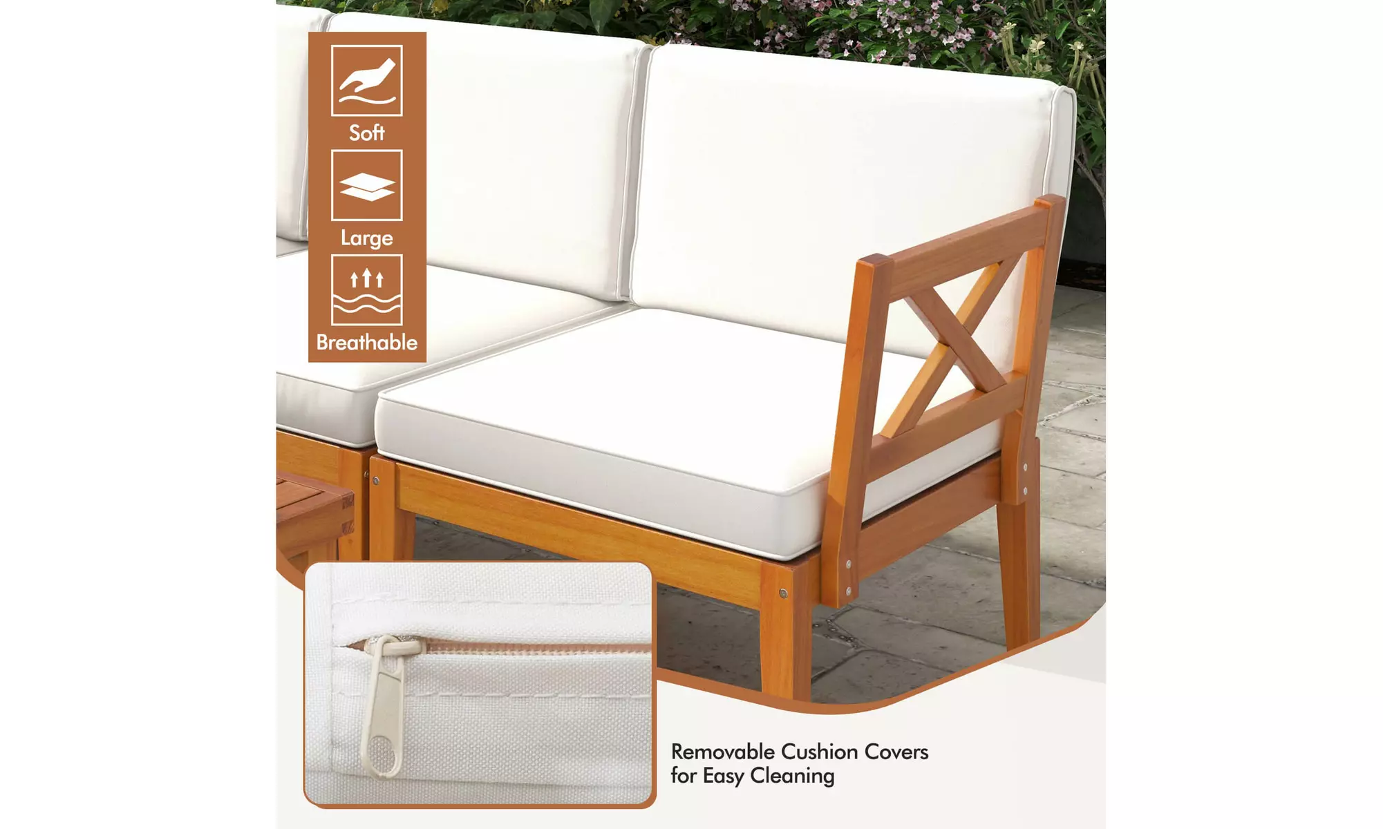 Costway Acacia Wood Patio Furniture Set with Cushions and 2-Tier Coffee Table