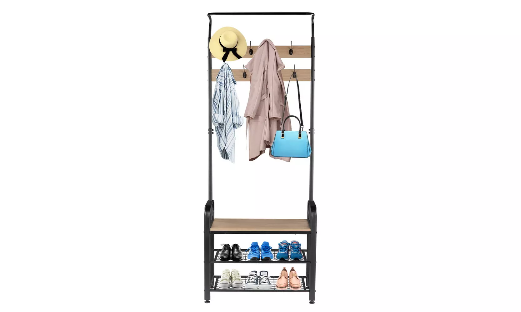 Industrial Coat Rack Shoe Bench, Hall Tree Entryway Storage Shelf - Primary Image