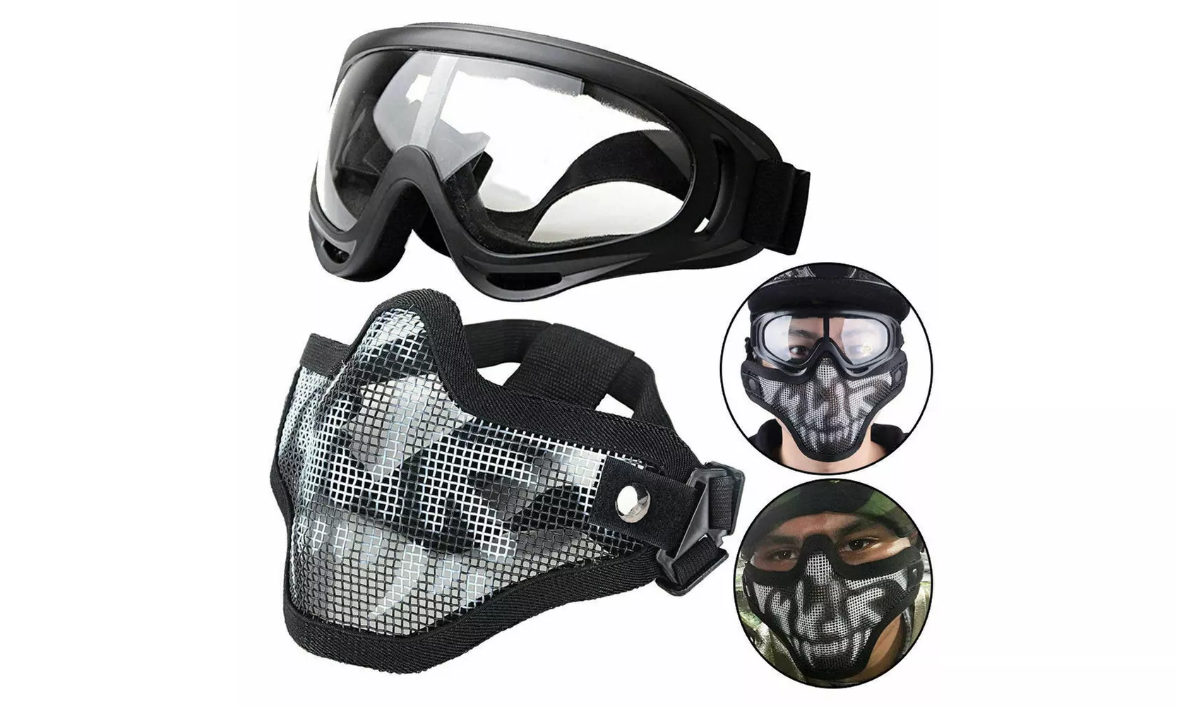 Airsoft Sports Half Face Mask Steel Wire Mesh Skull Tactical Hunting Goggles Set - Second Medium