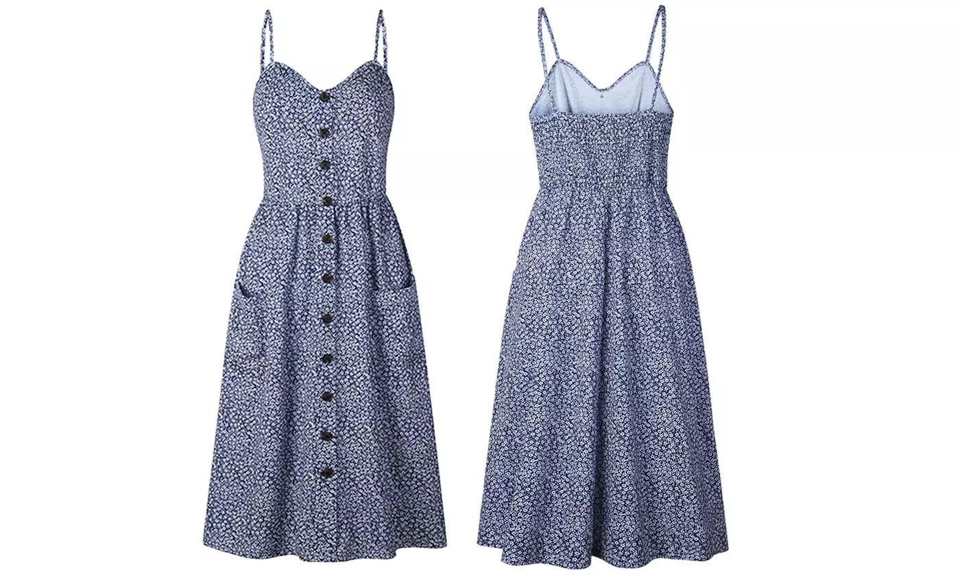 Womens Floral Summer Dress Spaghetti Straps Pocket Sundress Beach Midi Dress