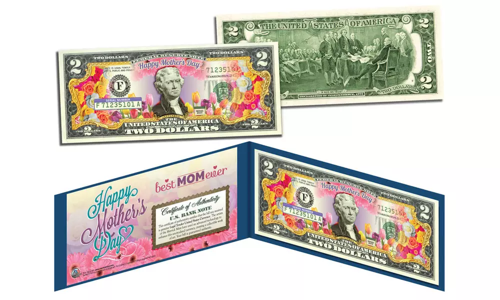 Happy Mother's Day Gift U.S. Genuine Legal Tender Colorized Two-Dollar Bill - Primary Image