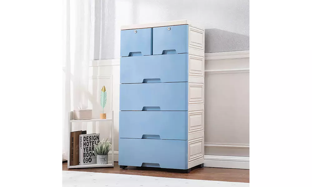 6 Drawer Plastic Dresser With Wheels Storage Cabinet Tower - Primary Image
