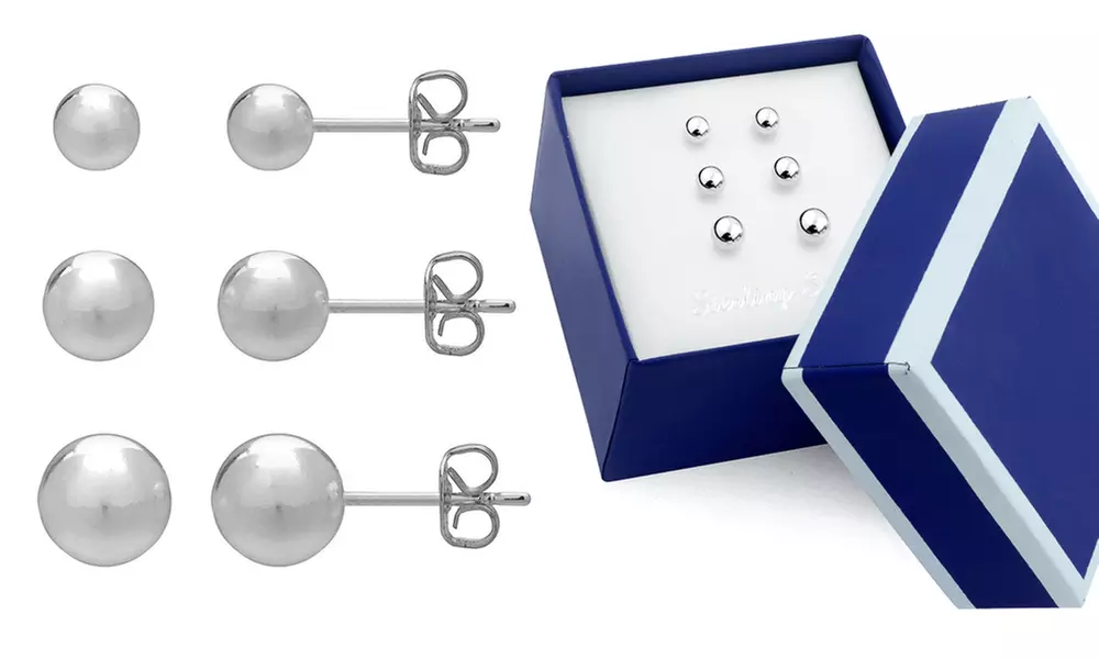Sterling Silver 4mm ,5mm ,6mm Trio Stud Earring Set In a Box