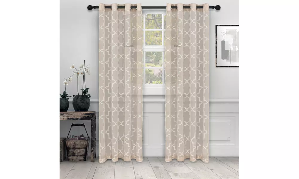 Beige Quatrefoil Embroidered Sheer Curtain Set (52x63, 52x84, 52x96) - Primary Image