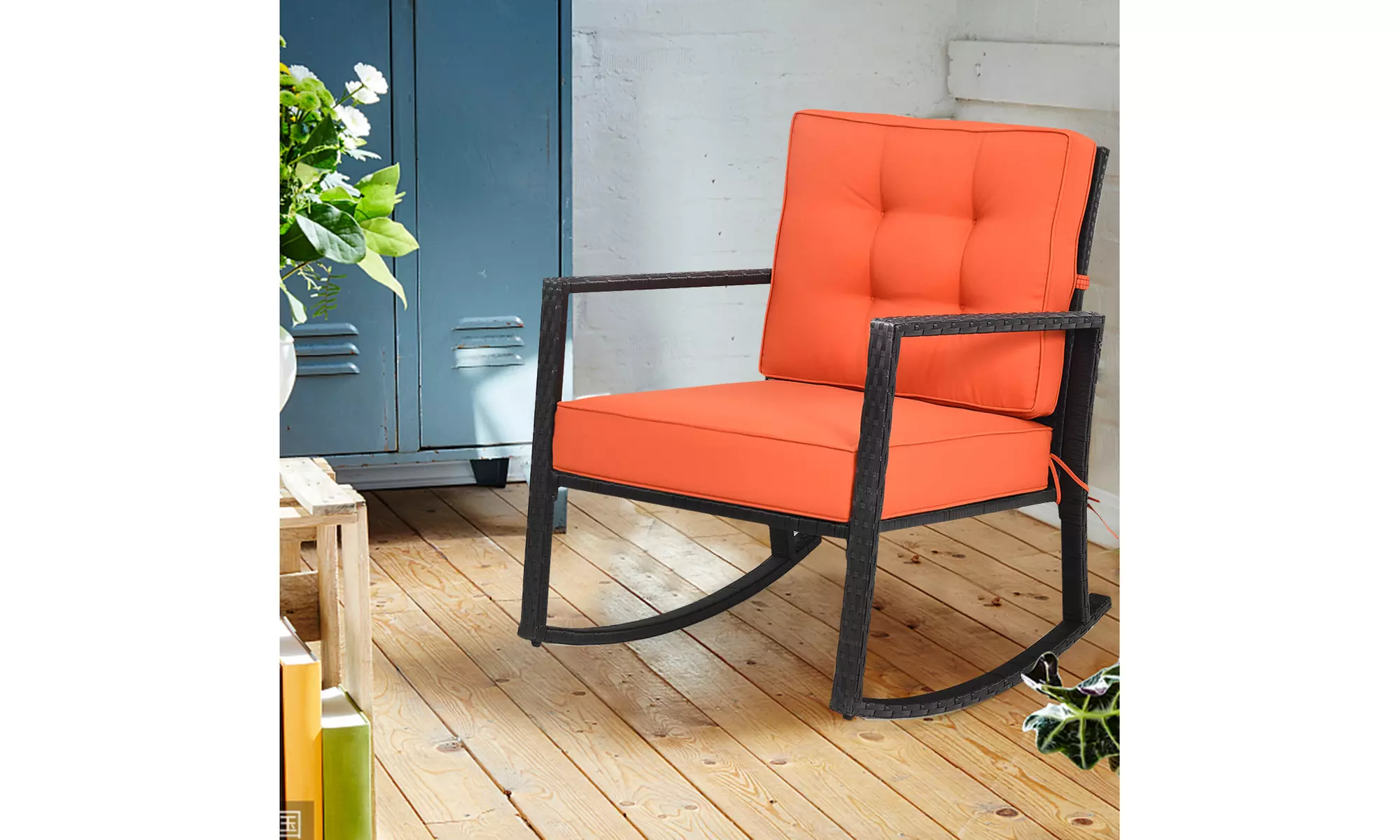 Costway Patio Rattan Rocker Chair Outdoor Glider Wicker Rocking Chair Cushion