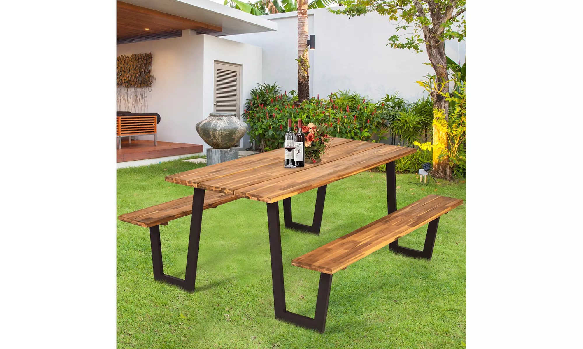 Picnic Table Bench Set Outdoor Camping Wooden 2 Built-in Benches w/Umbrella Hole