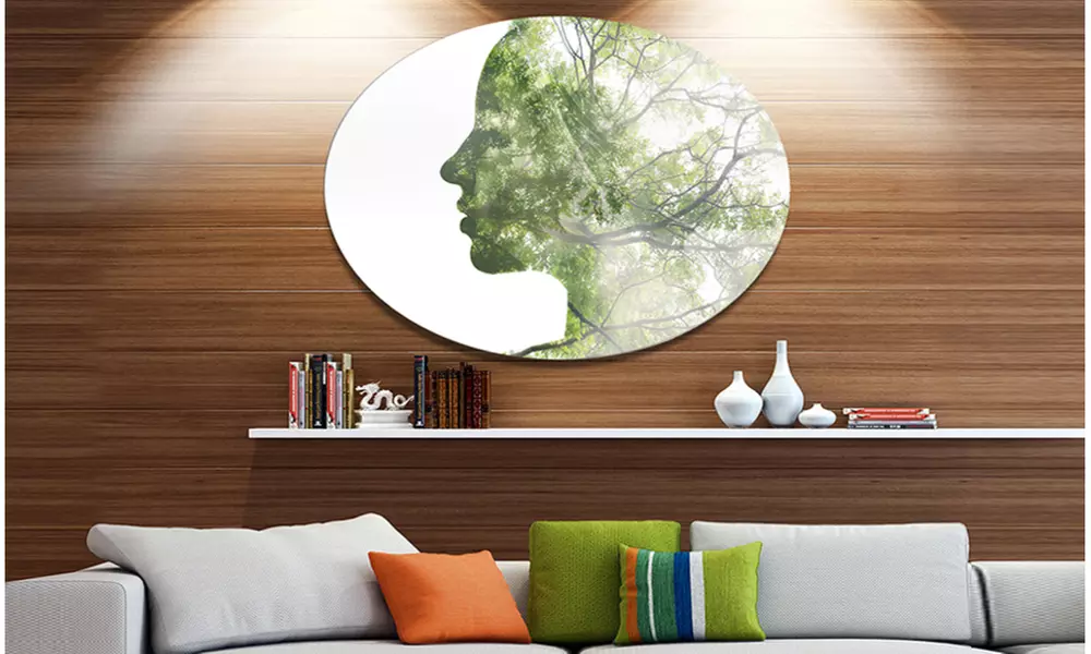 Lady Combined With Green Tree' Portrait Metal Circle Wall Art - Primary Image