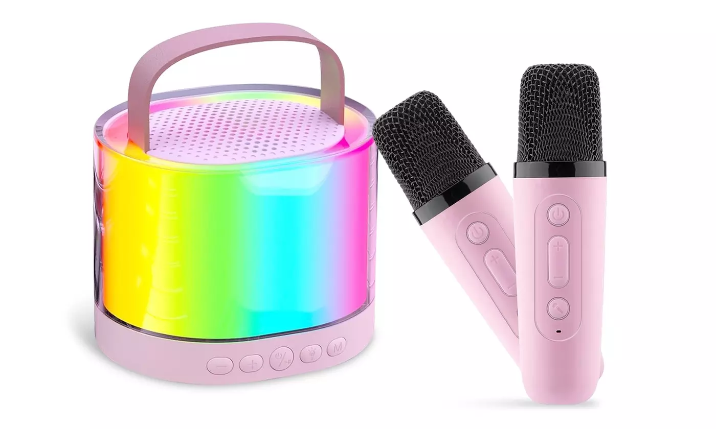 iMounTEK Mini Karaoke Machine with Two Wireless Mics, RGB Lights and Sounds
