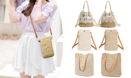 Women Woven Handbag Summer Beach Tote Straw Bag Square Rattan Shoulder Bag Phone Bag - Light Beige