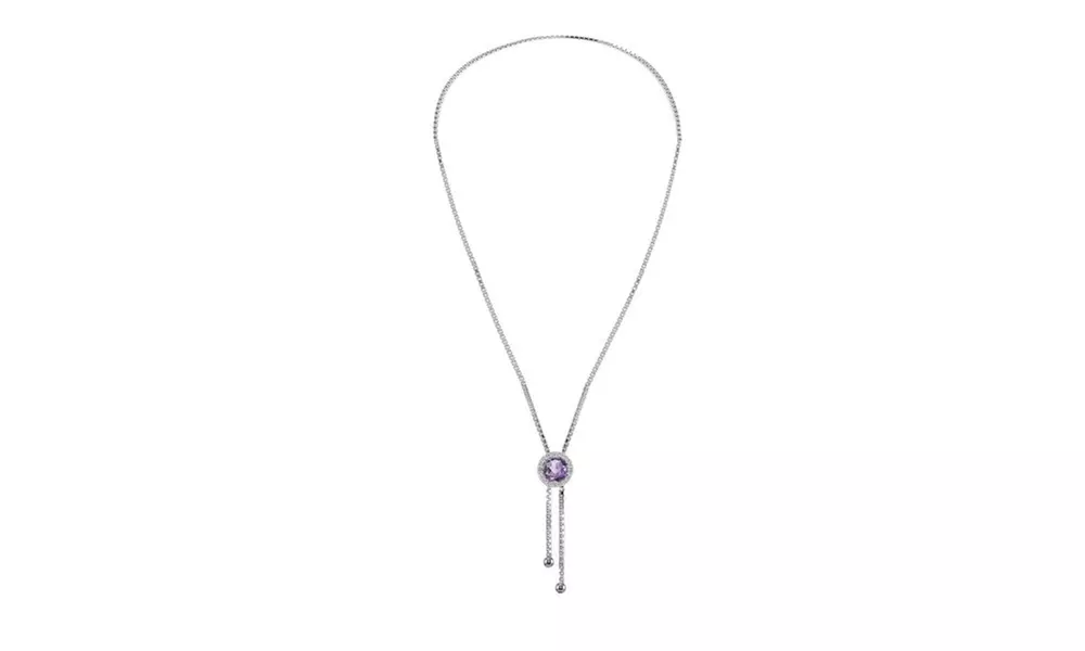 Amethyst Round Halo Drop Adjustable Lariat Necklace w/ Topaz Accents in Silver
