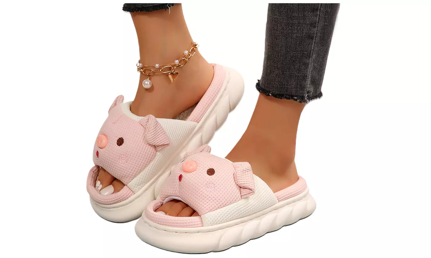 Women's Cartoon Pig Linen Slippers Open Toe Memory Foam House Shoes - Primary Image