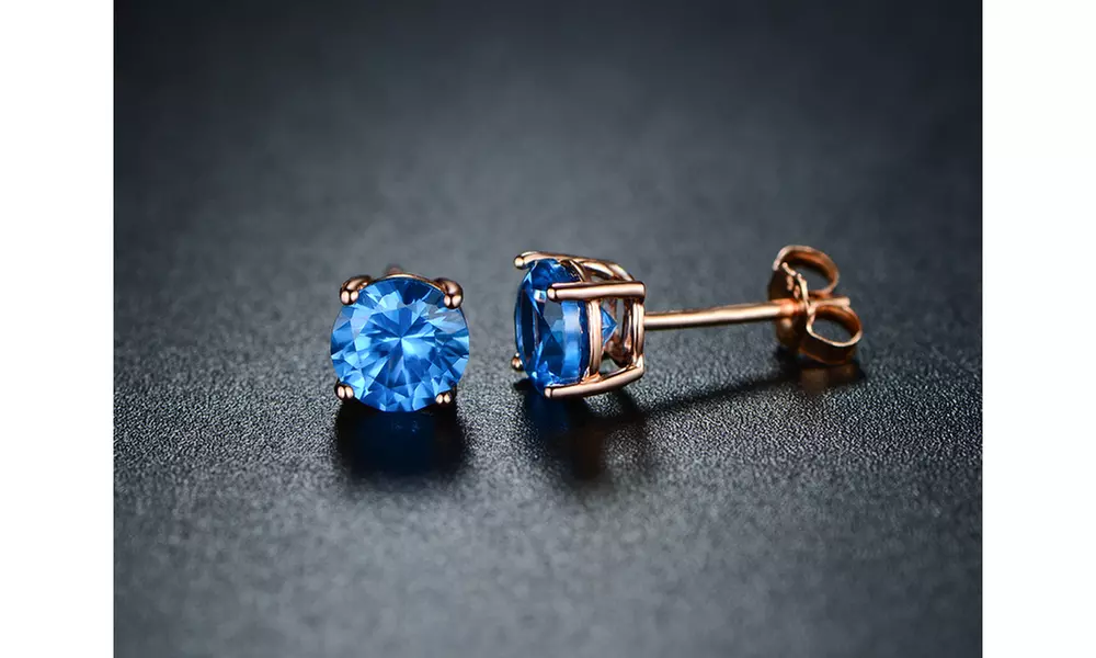 Round-cut London Blue Topaz Stud Earrings in 18K Rose Gold ptd Silver by Pori