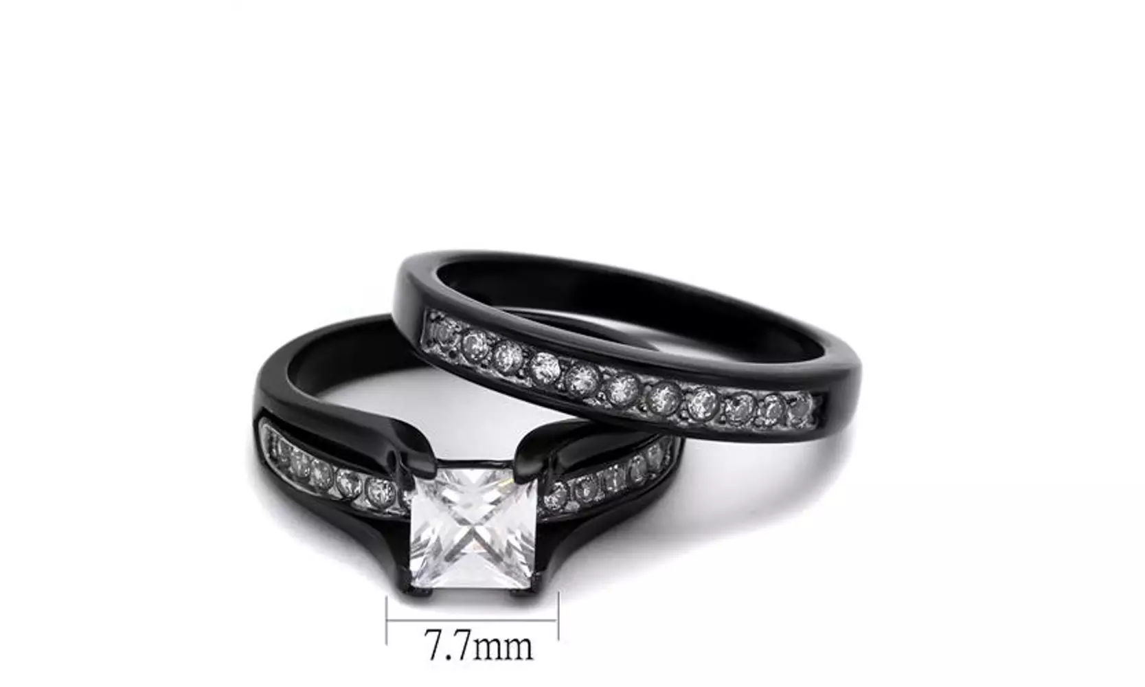 2.10ct Princess Cut Cubic Zirconia and Black Stainless Steel Wedding Ring Set