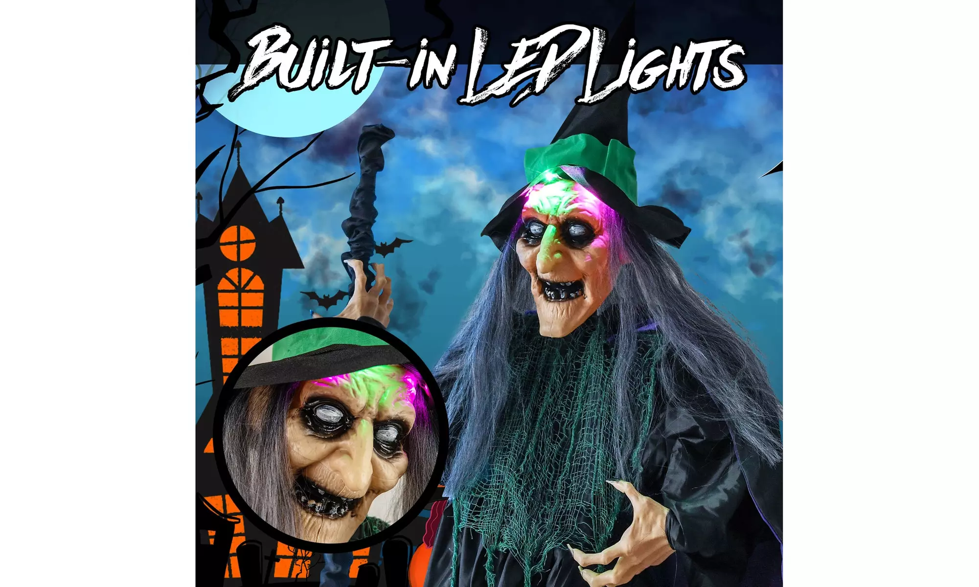 Costway Witch on Broom Halloween Animatronic Life Size Halloween Prop