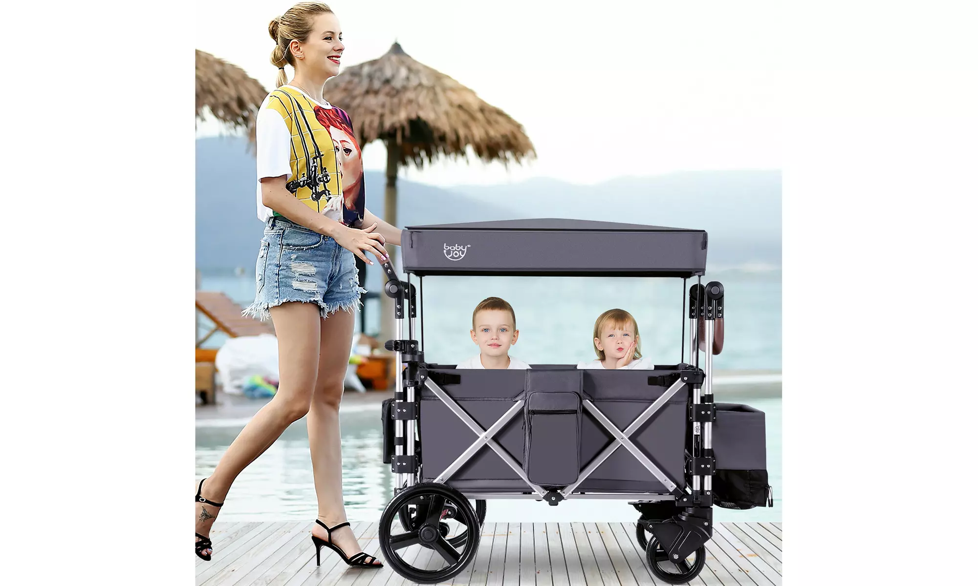 Babyjoy 2 Passenger Push Pull Folding Twin Double Stroller Wagon w/Canopy Drapes - Primary Image