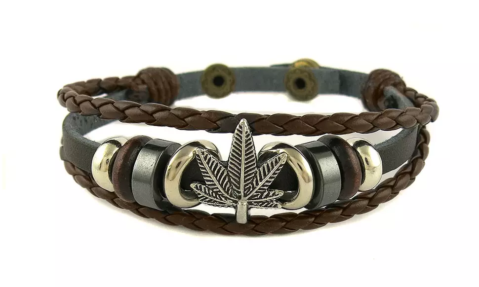 Men's Genuine Leather Three Row Hemp Leaf Bracelet - Primary Image