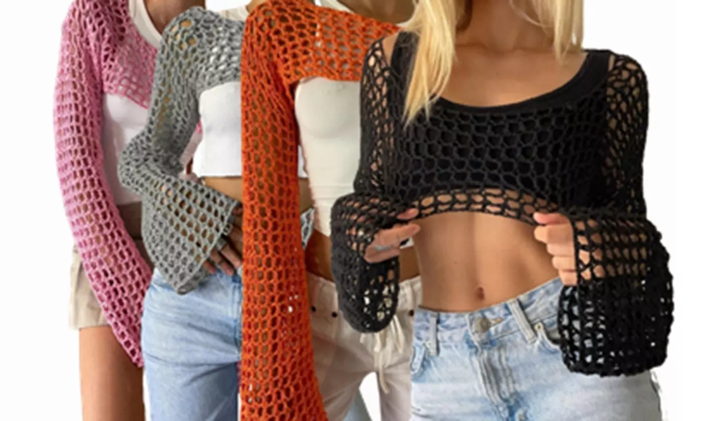 Bohuma Women Mesh Crochet Crop Top Long Sleeve Hollow Out Cropped Knit Cover Ups - Primary Image