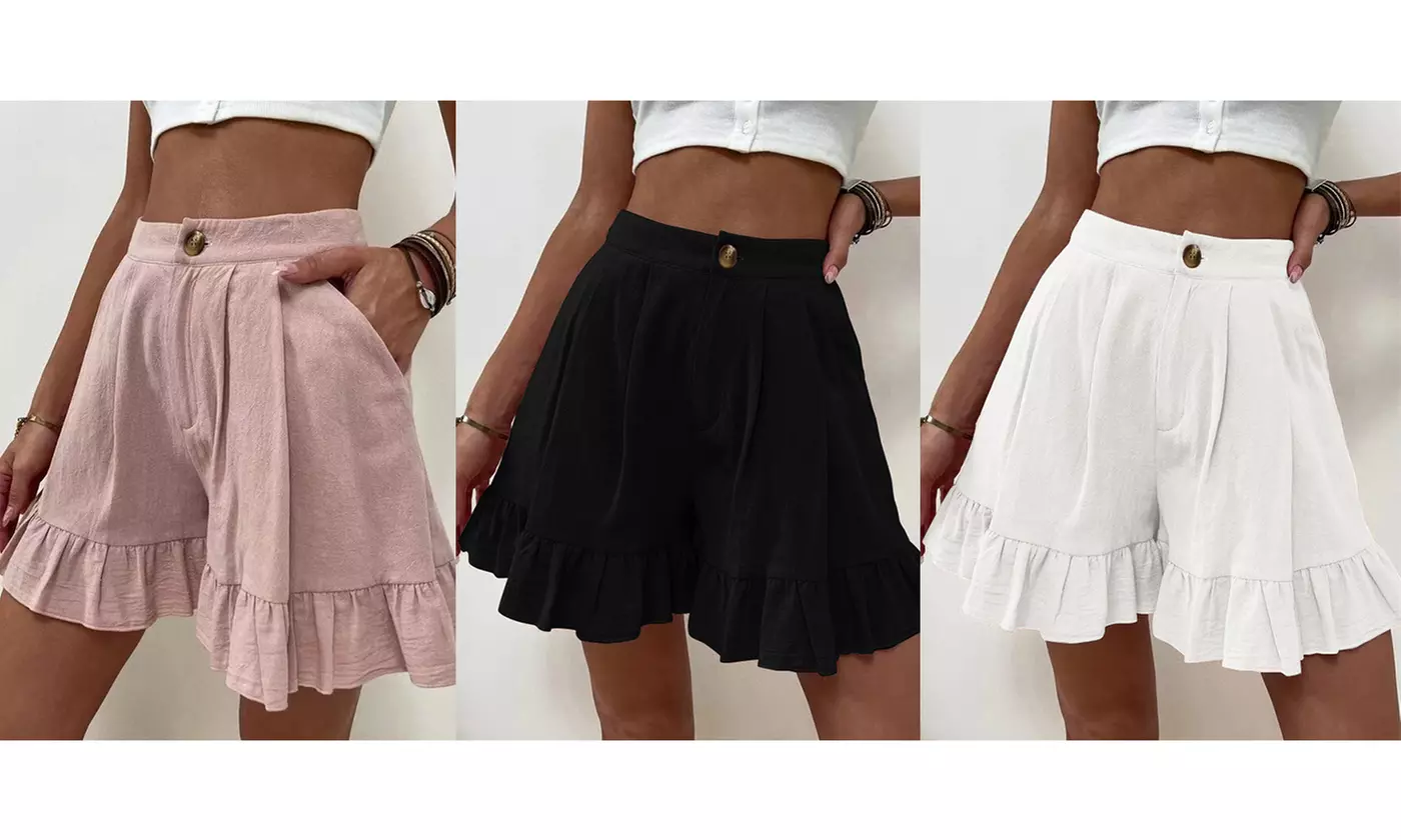 Women Ladies High Waist Baggy Wide Leg Shorts Pleated Button Summer Hot Pants