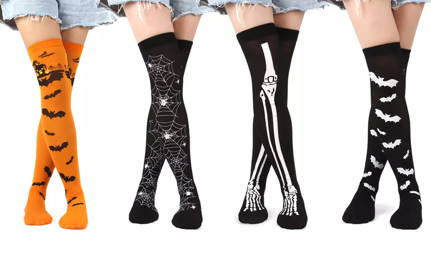 Halloween Thigh High Long Stockings Over Knee Spider Socks Cosplay Pumpkin Bat - Primary Image