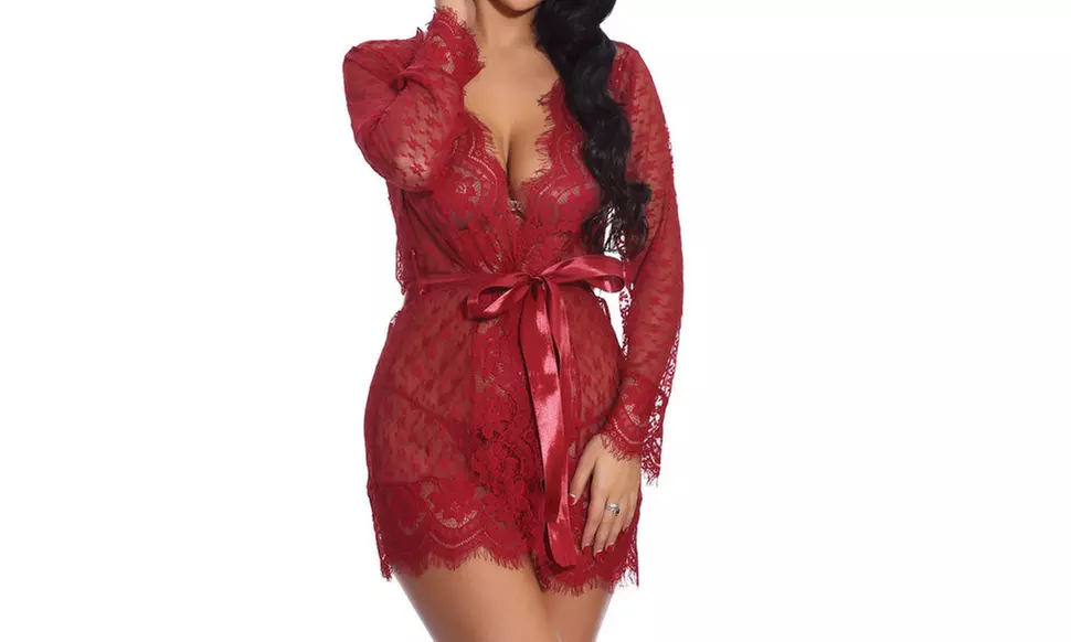 Women Lingerie Kimono Robe Cover Mesh Chemise Babydoll Sexy Lace Sheer Gown