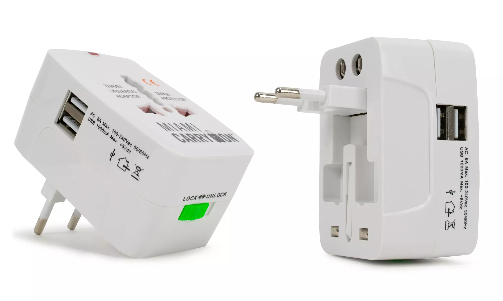 Miami CarryOn International Travel Adapter with Two USB Ports (1/2/3/4 Packs)