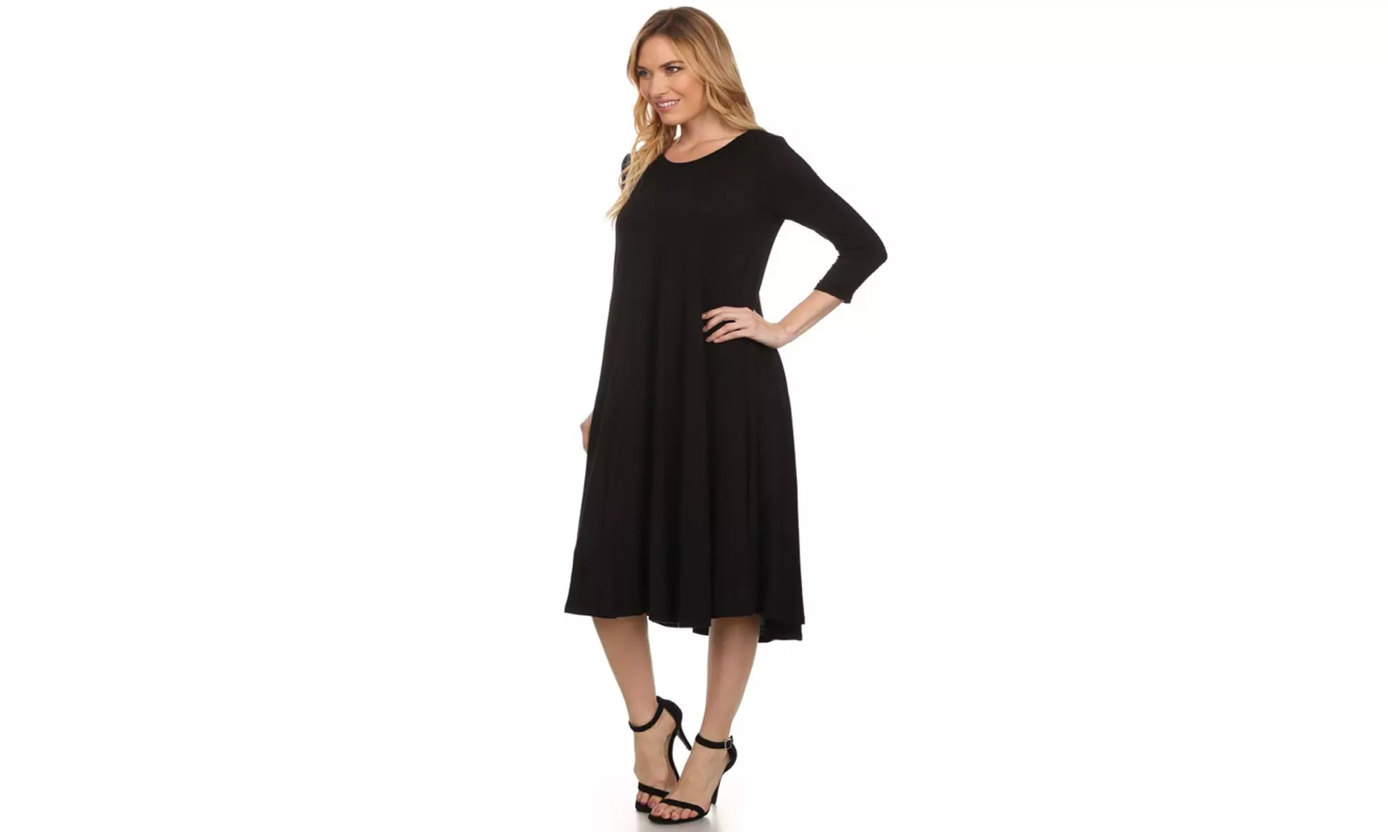Women's Solid Casual Comfy 3/4 Sleeve Loose Fit A-line Midi Dress