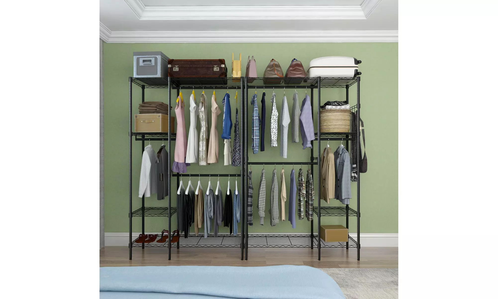 91" L Wire Garment Rack Clothes Rack with 6 Hanger Rods and 8 Shelves Black