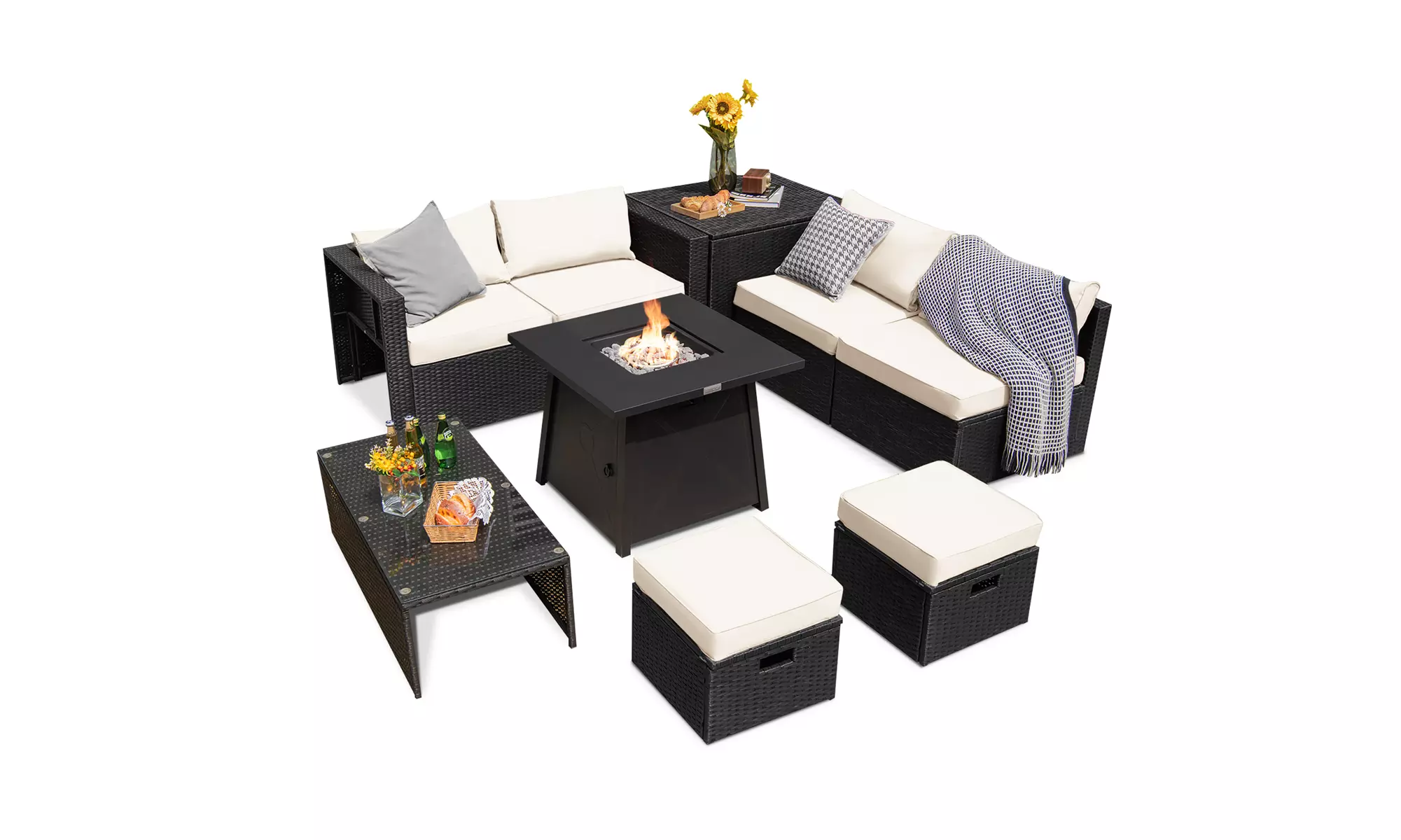 Costway 9PCS Patio Rattan Furniture Set Fire Pit Space-saving W/Cover  Cushion