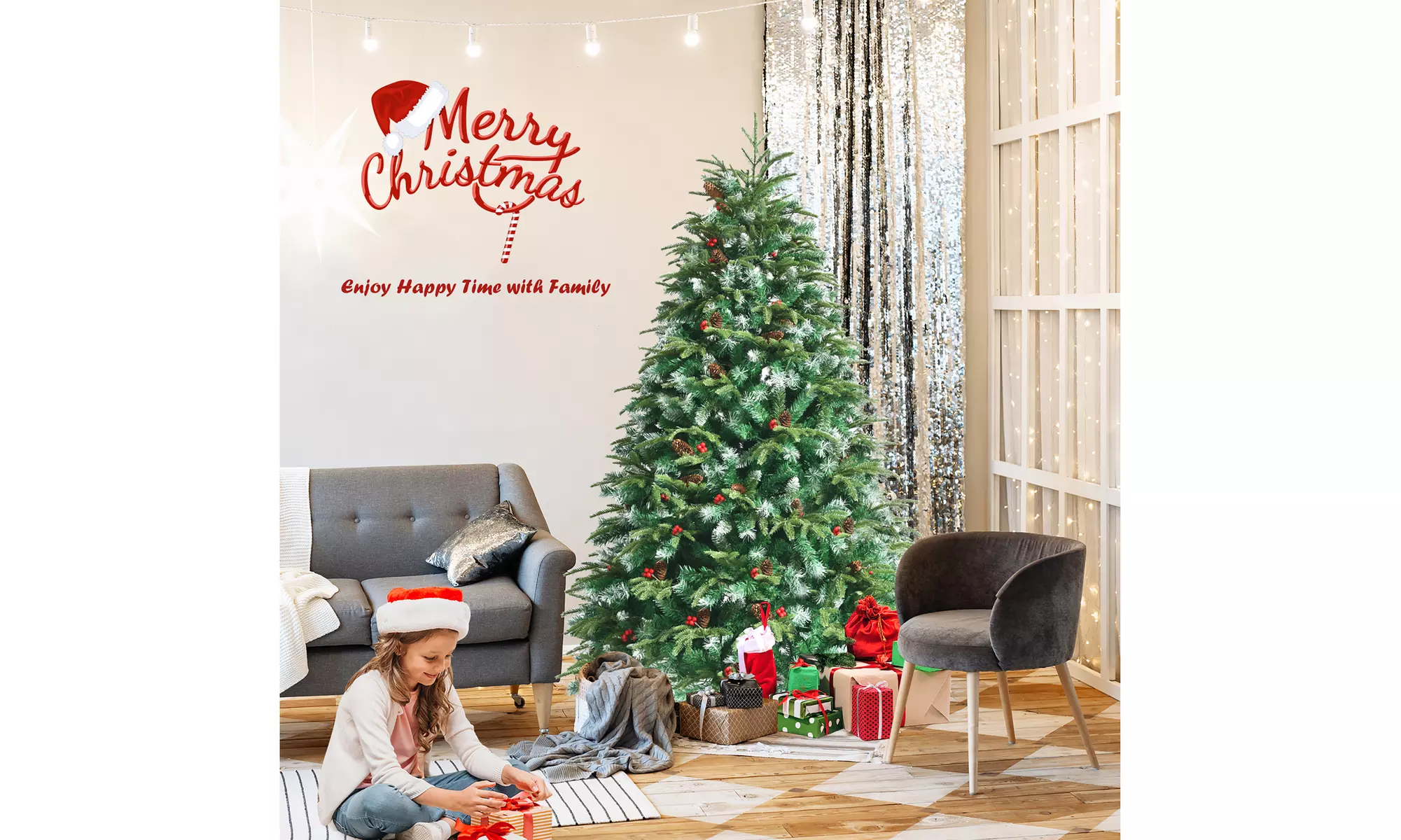 Costway 6ft Pre-Lit Snowy Christmas Tree 11 Flash Modes 350 Multi-Color Lights