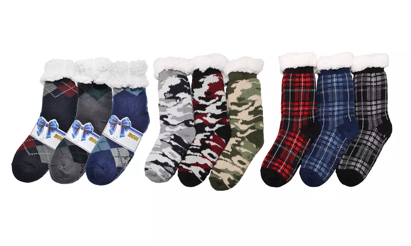 Mens Winter-Weight Sherpa-Lined Knitted Thermal Crew Socks (3-Pair Pack)