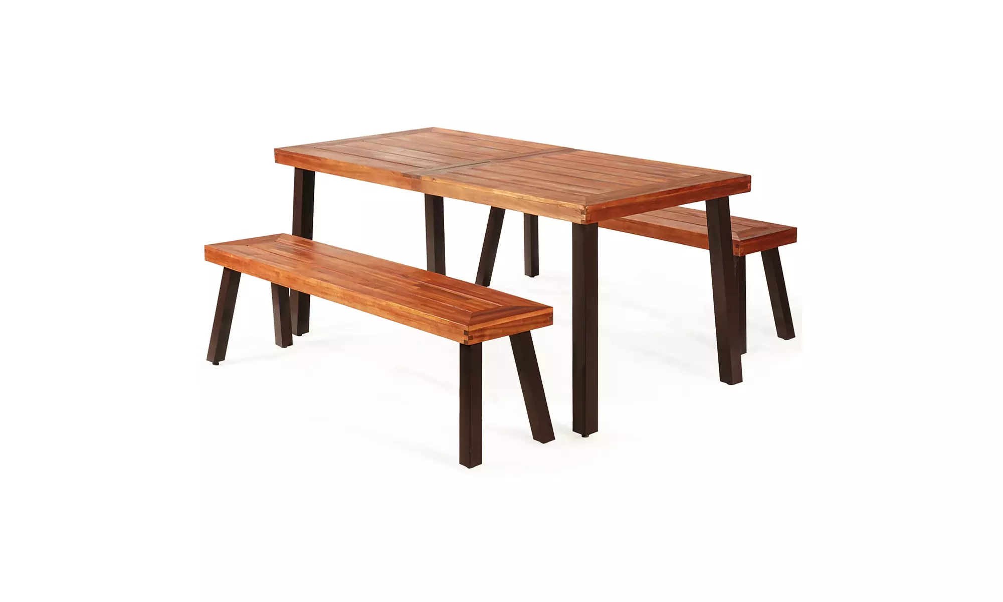 3 Pieces Picnic Table Set Acacia Wood Table Bench with Steel Legs Outdoor Patio - Primary Image
