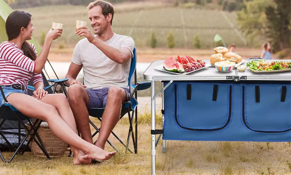 Outdoor Folding Table with Storage Organizer & 2-Level Adjustable Height