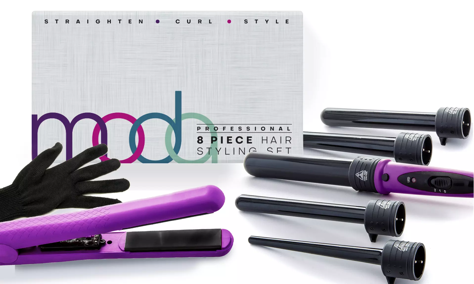 Curling Iron and Flat Iron Set (8-Piece) by Moda Beauty - Purple - Primary Image
