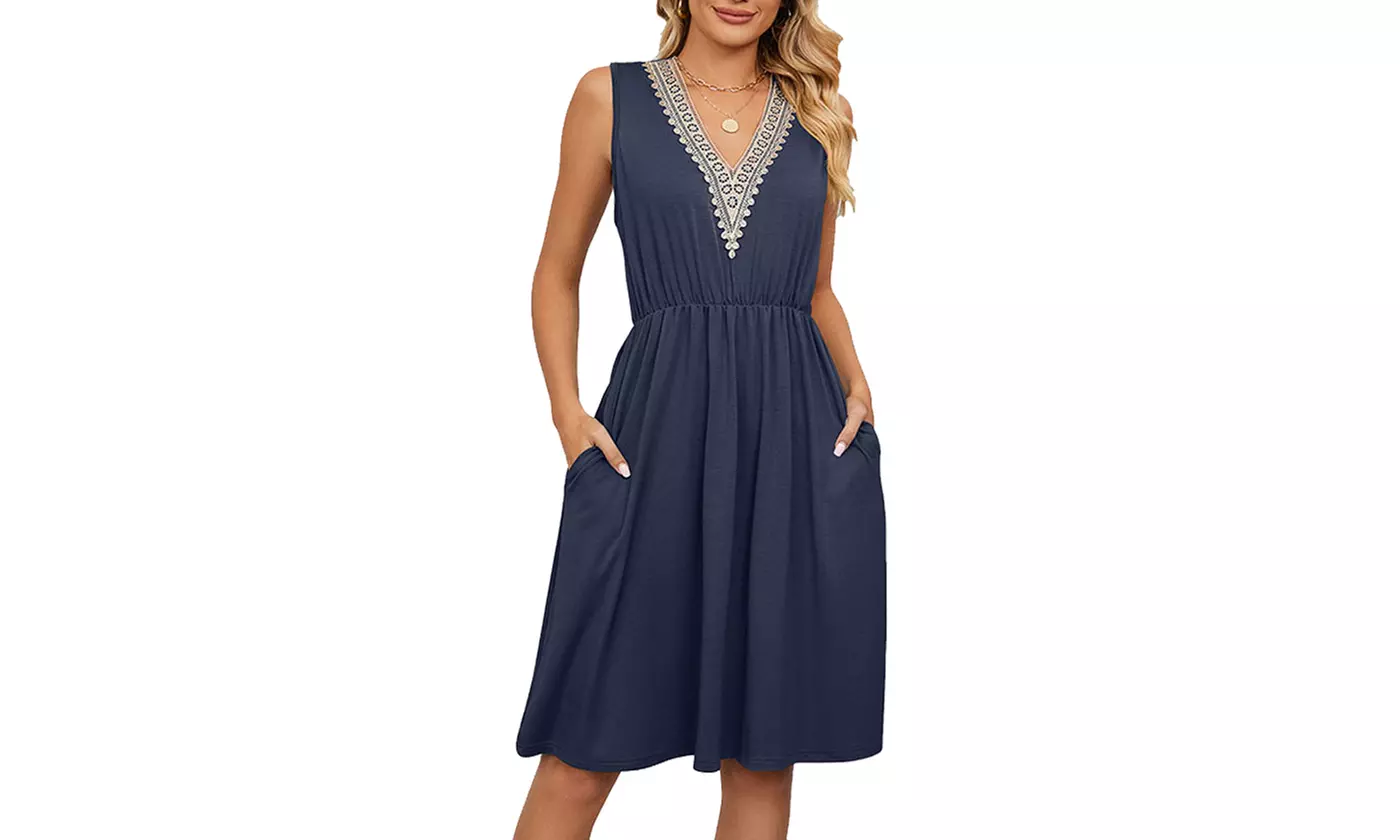 Women's Casual V-Neck Summer Dresses Sleeveless Midi Sundress with Side Pockets