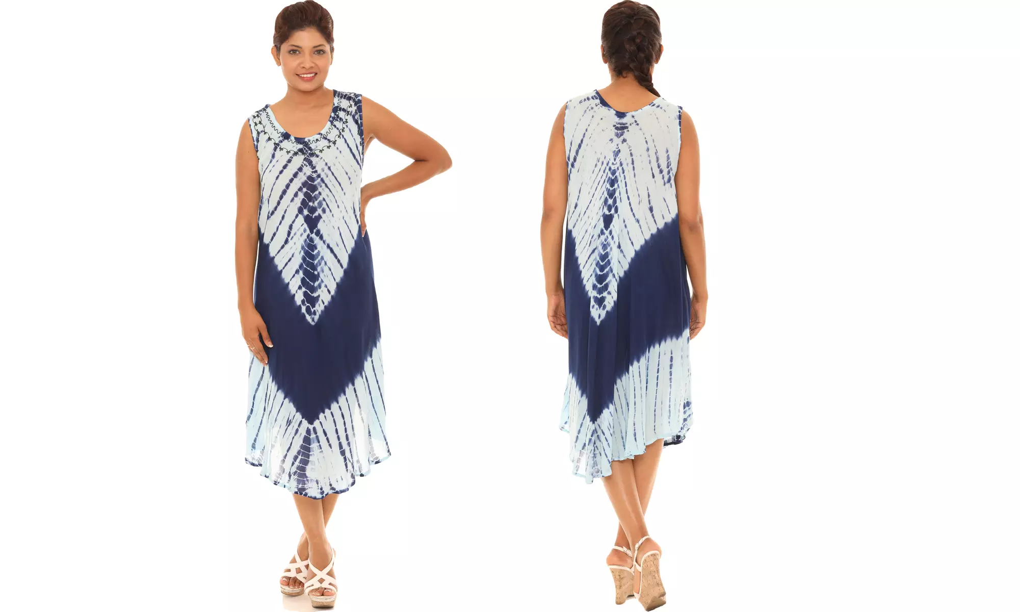 Women's Chevron Stripe Tie Dye Tank Dresses With Embroidered Neckline