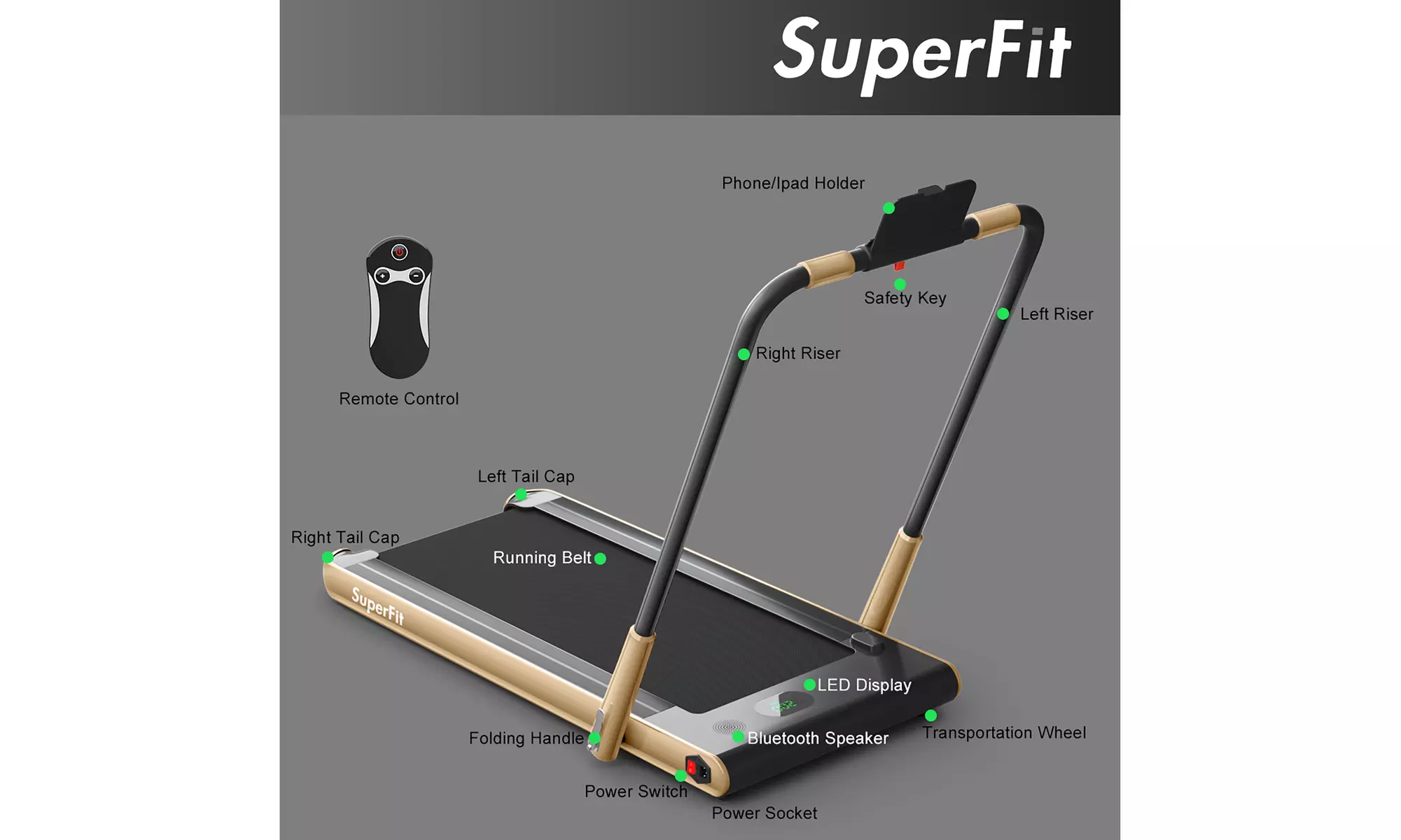 SuperFit 2.25HP 2 in 1 Foldable Under Desk Treadmill Remote Control