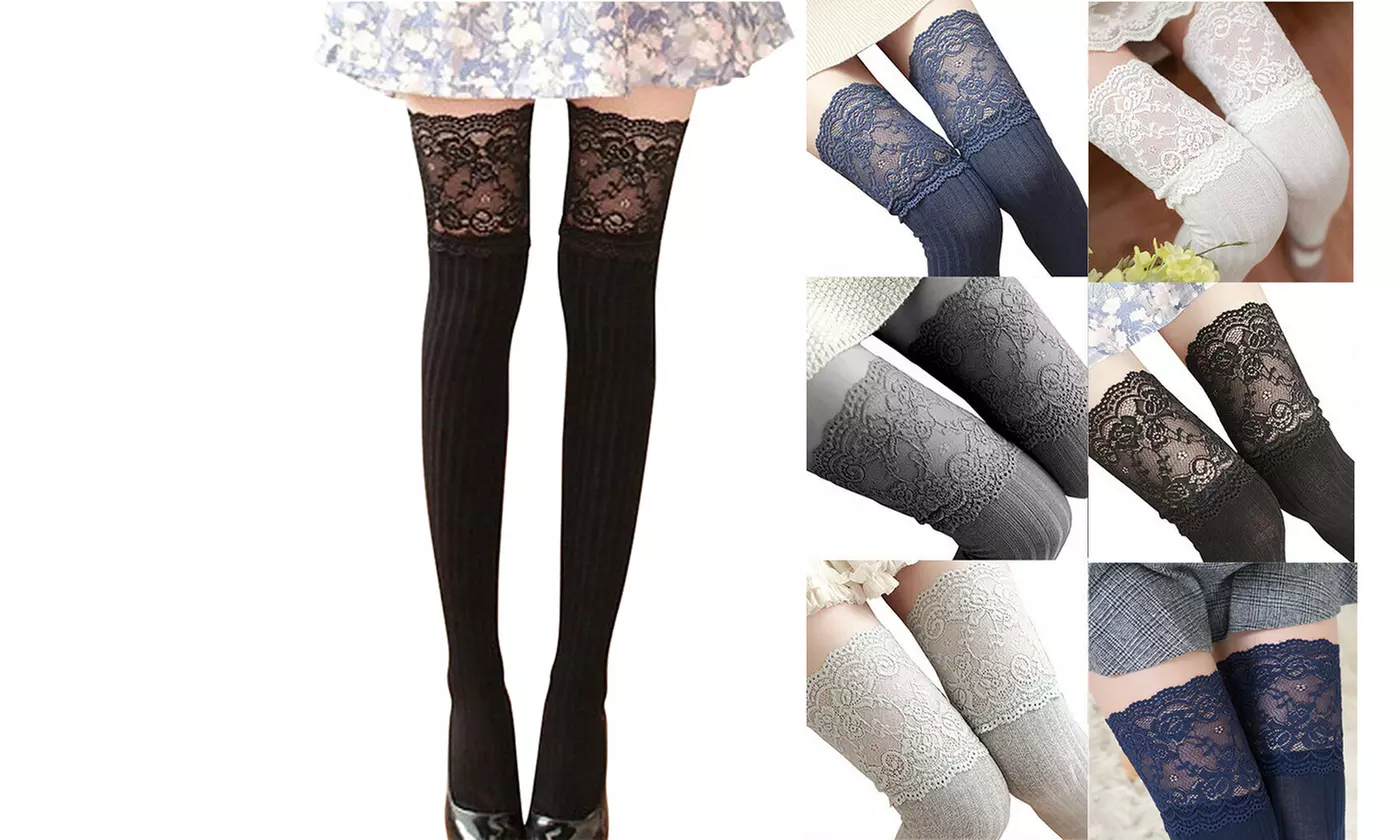 Women Over Knee Socks Lace Plain Leggings High Soft Long Stockings - Primary Image