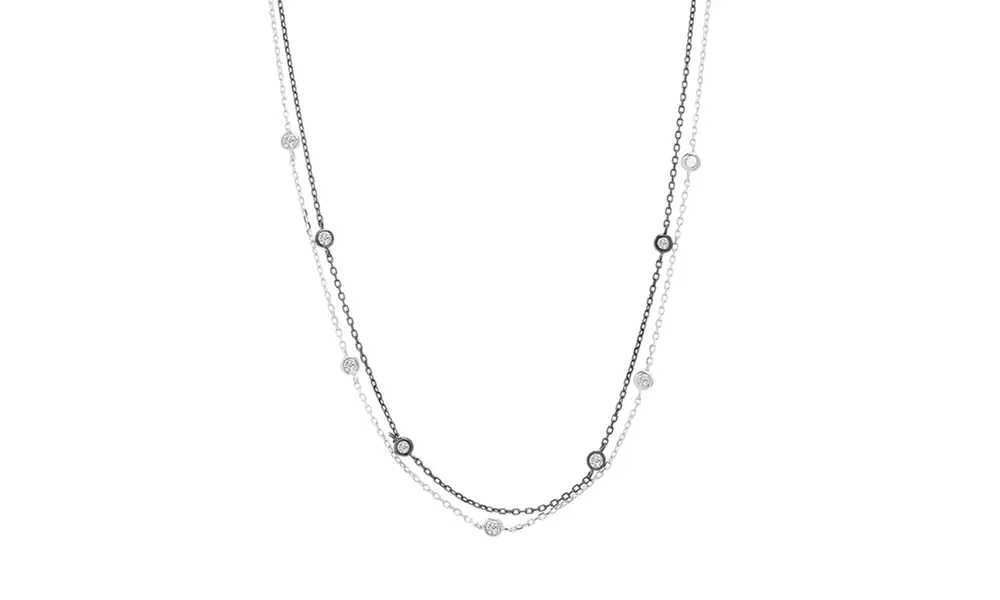 Two-Tone Sterling Silver CZ Stations Double Layered Necklace - Second Medium