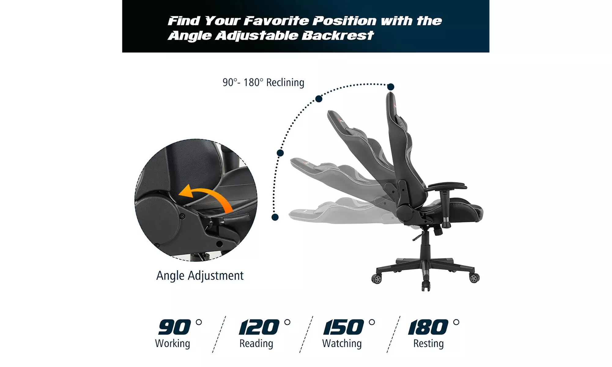 Reclining Massage Gaming Chair with Lumbar Support and Headrest