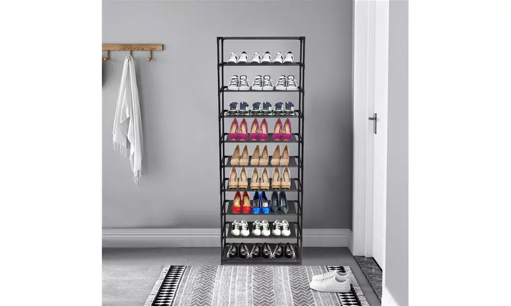 10 Tier Stackable Shoe Rack Storage Shelves - Stainless Steel Frame Holds - Primary Image