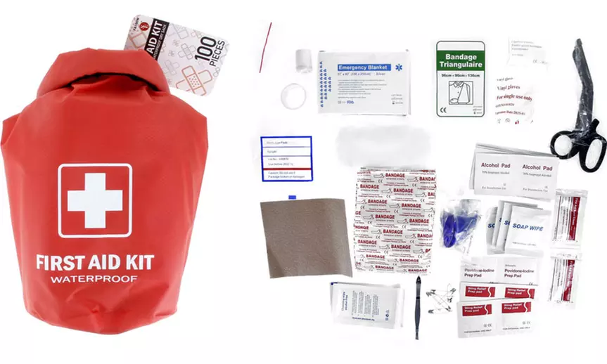 100 Pc First Aid Kit Stored in a Waterproof Red Dry Sack