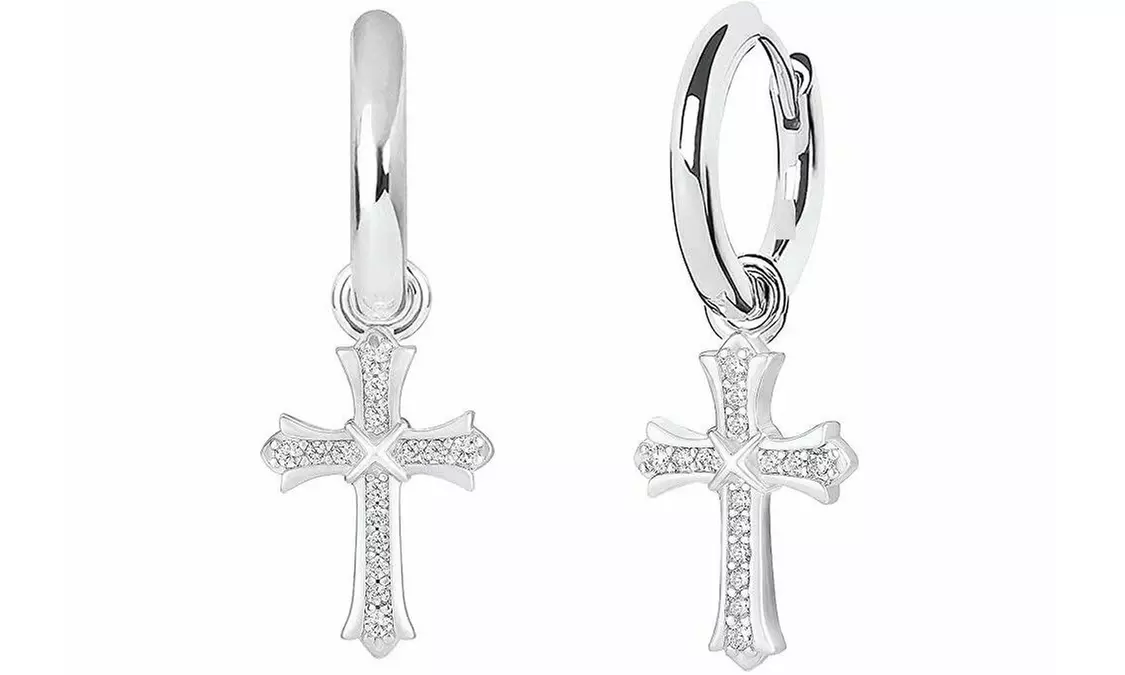 Men & Women 18K White Gold Plated CZ Cross Leverback Huggie Hoop Drop Earrings