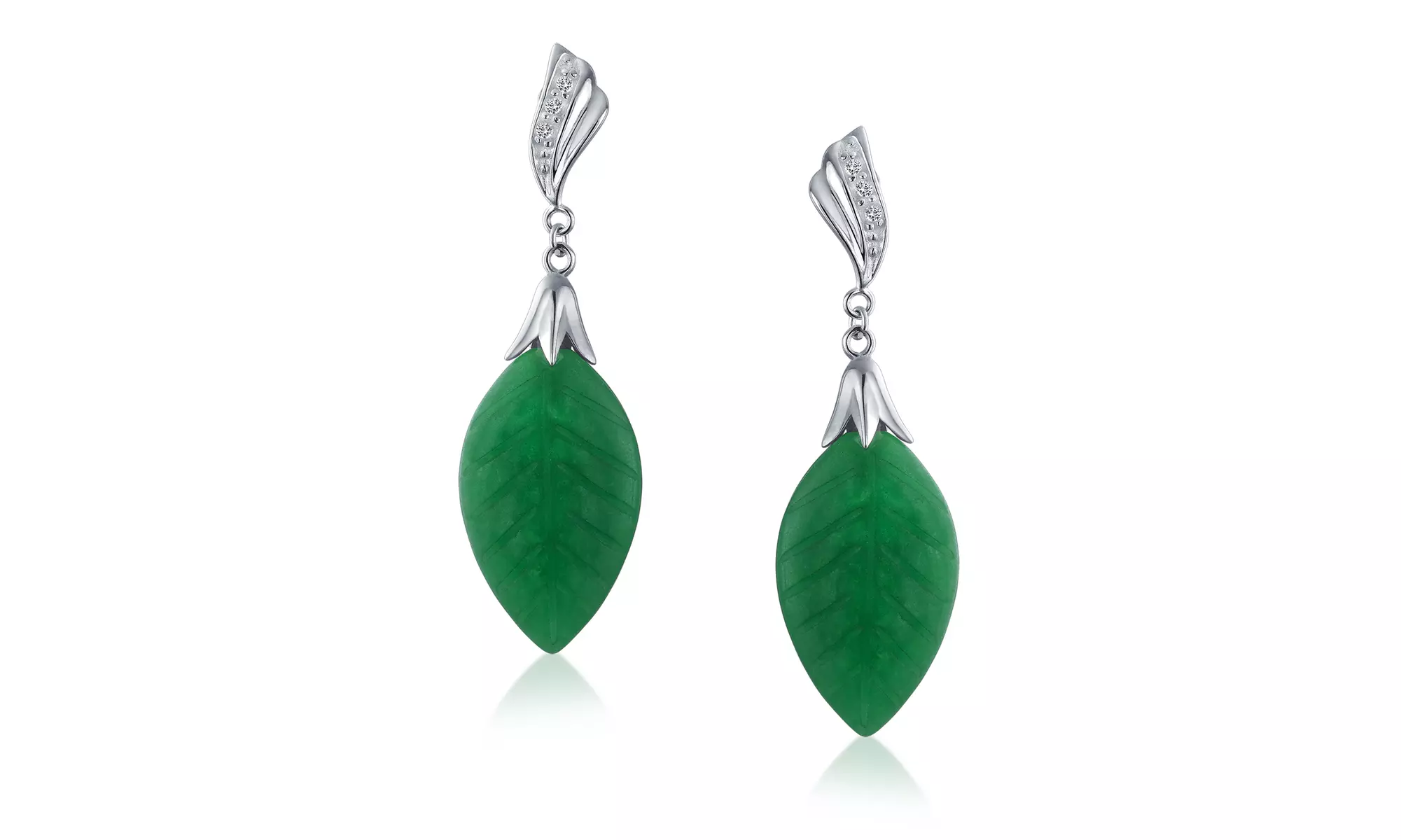 Carved Leaf Green Jadeite Jade Drop Earrings 925 Sterling Silver - Second Medium