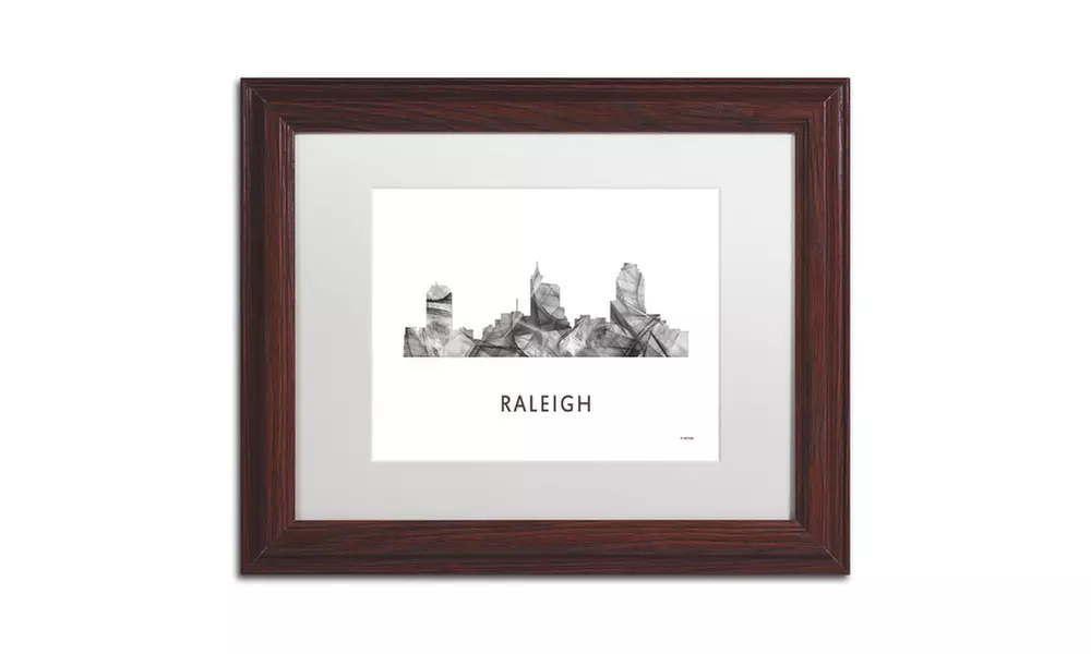 Marlene Watson 'Raleigh NC Skyline WB-BW' Matted Wood Framed Art - Primary Image