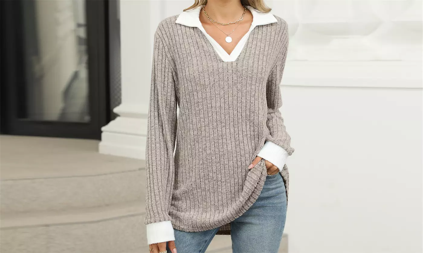Women's Long Sleeve Lapel Blouse V-Neck Ribbed Knit Tunic Top