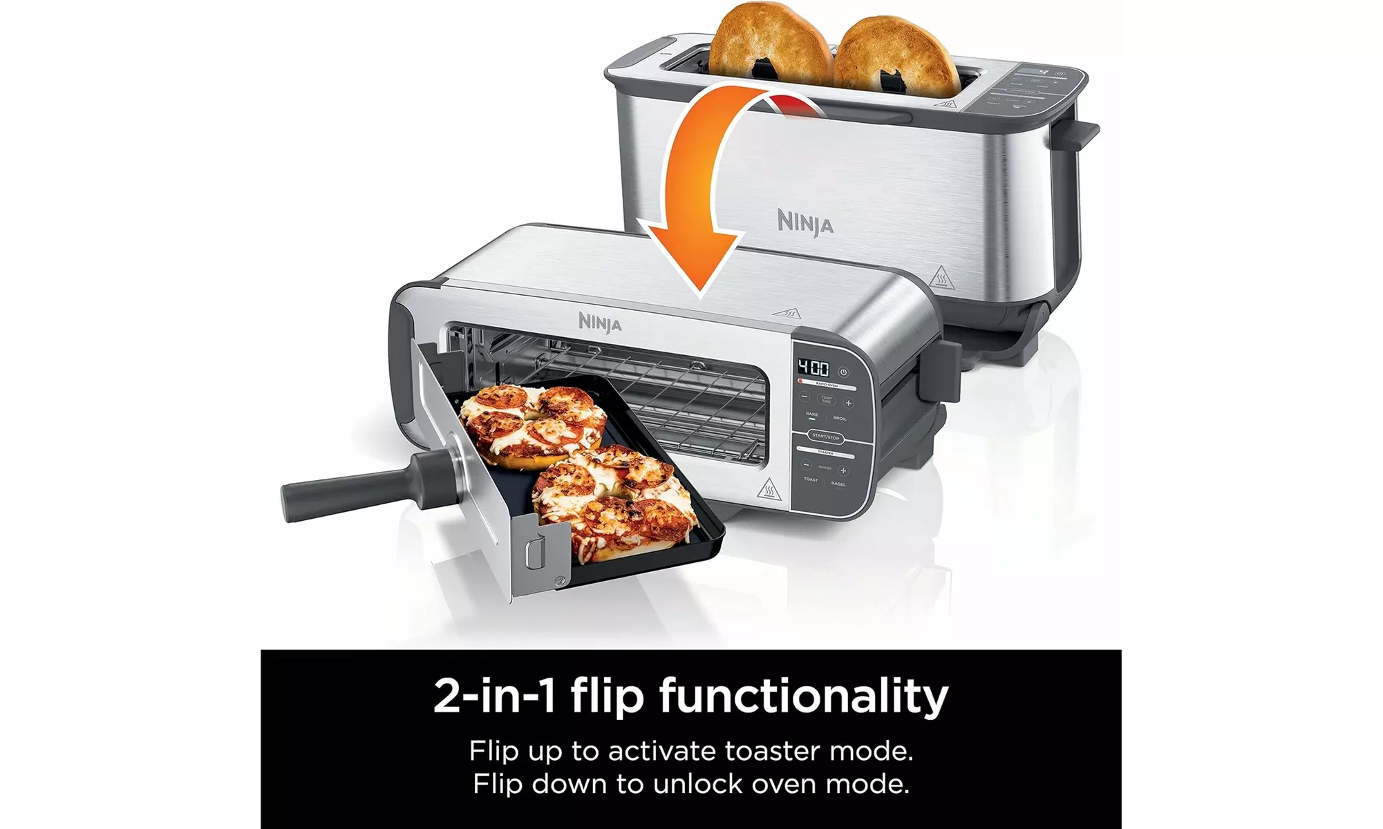 Ninja ST100 Foodi 2-in-1 Flip Toaster, 2-Slice Toaster (Stainless Steel)- New