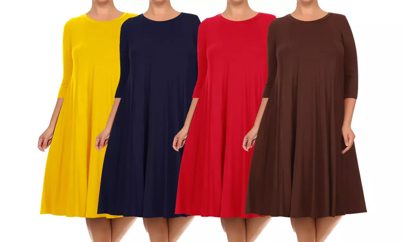 Women's Plus Size 3/4 Sleeves A-Line Midi Dress  - Primary Image