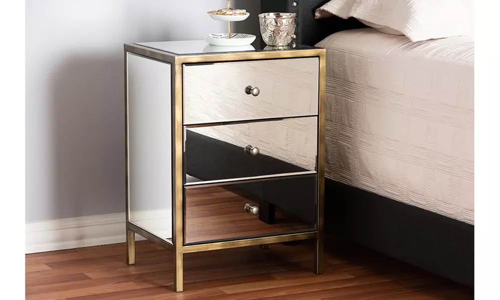 Nouria Mirrored 3-Drawer Nightstand Bedside Table - Primary Image