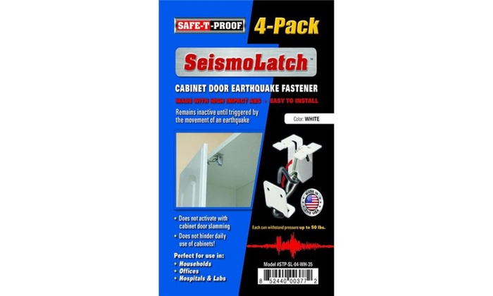 Seismolatch Earthquake Activated Cabinet Latch White Color 4 Pack