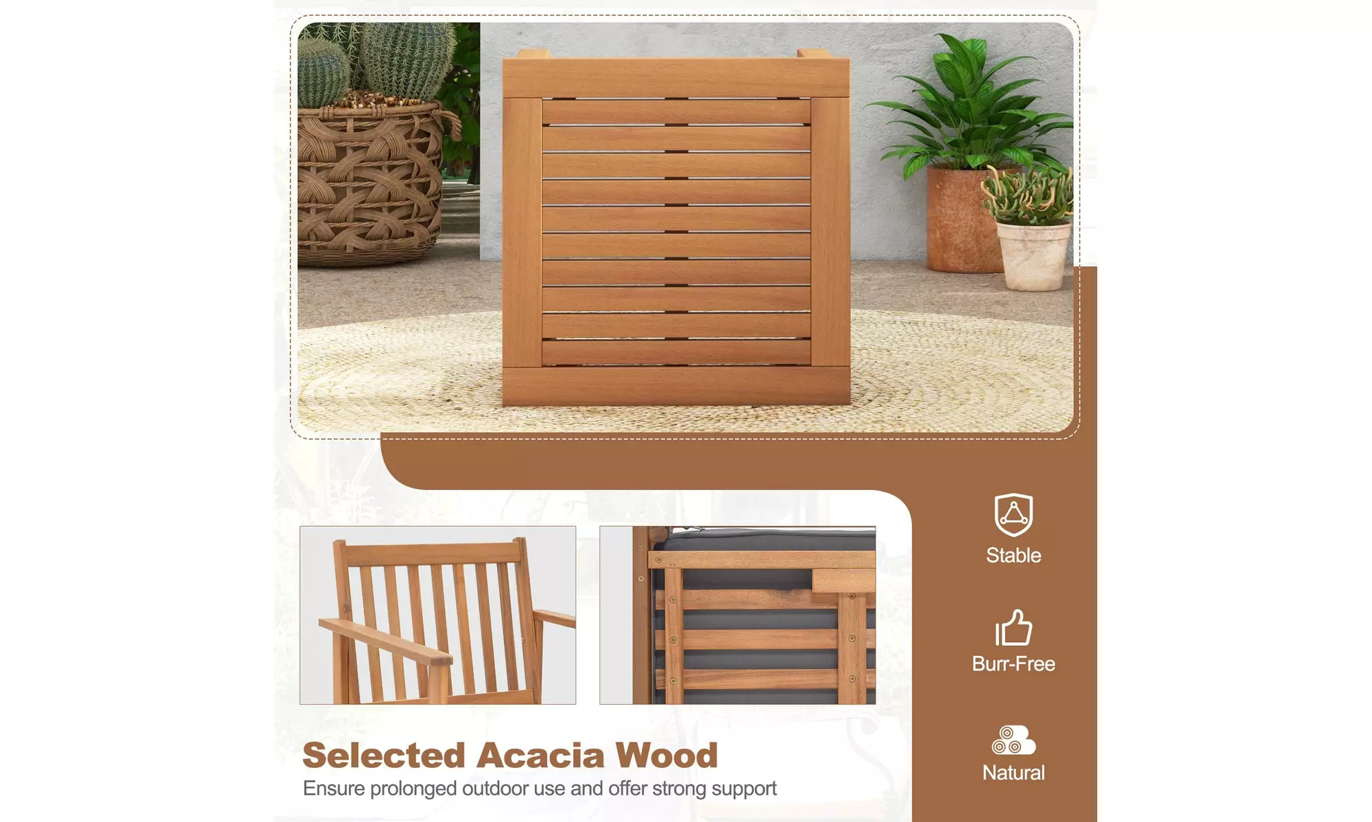Costway 3 PCS Patio Wood Furniture Set Acacia Wood Chairs & Coffee Table
